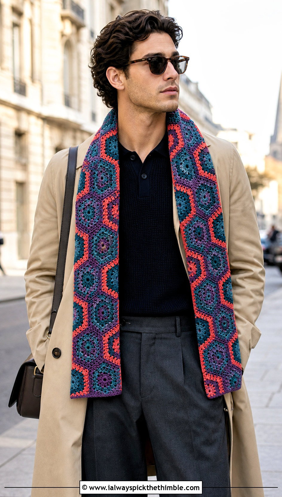 Hexagon Motif Crochet Scarf With Trench Coat - 20 male crochet scarf outfit ideas