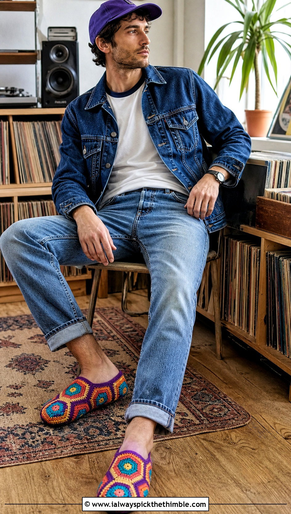 Hexagon Motif Crochet Slippers With Vintage Jeans - 25 mens crochet slippers outfit ideas
