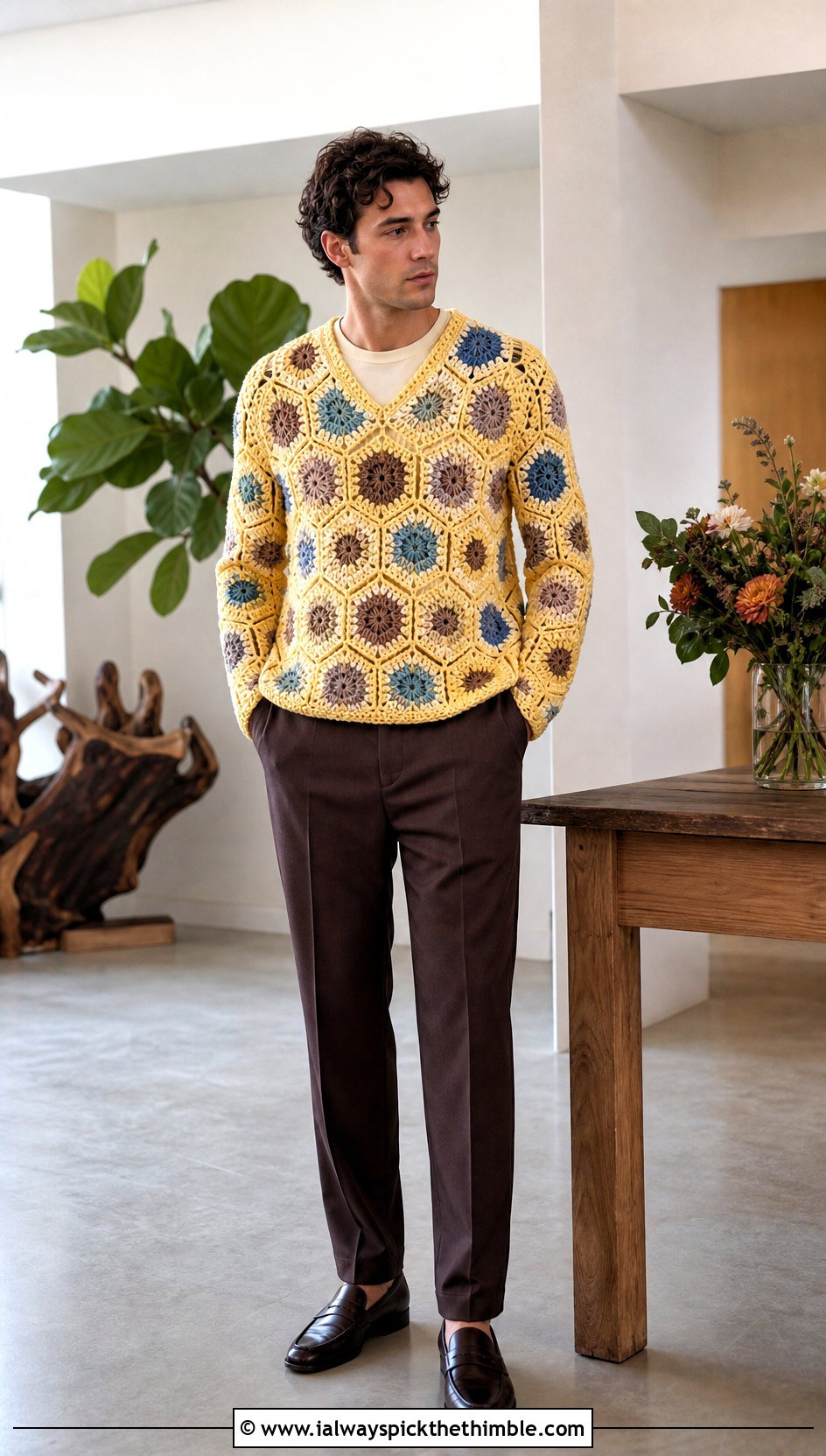 Hexagon Motif Crochet Sweater With Suit Trousers - 25 crochet sweater for men outfit ideas