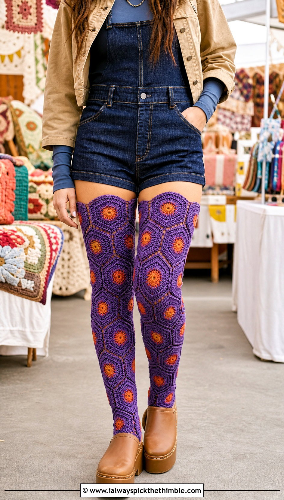 Hexagon Motif Crochet Thigh High Socks With Denim Romper - 20 crochet long socks outfit ideas