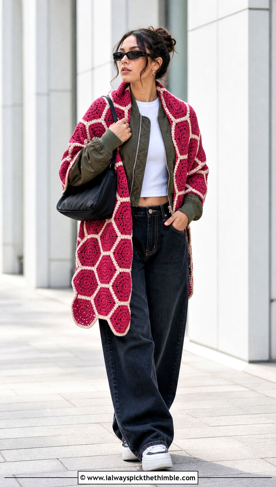 Hexagon Motif Crochet Wrap With Bomber Jacket - 25 Crocheted Shawls And Wraps outfit ideas