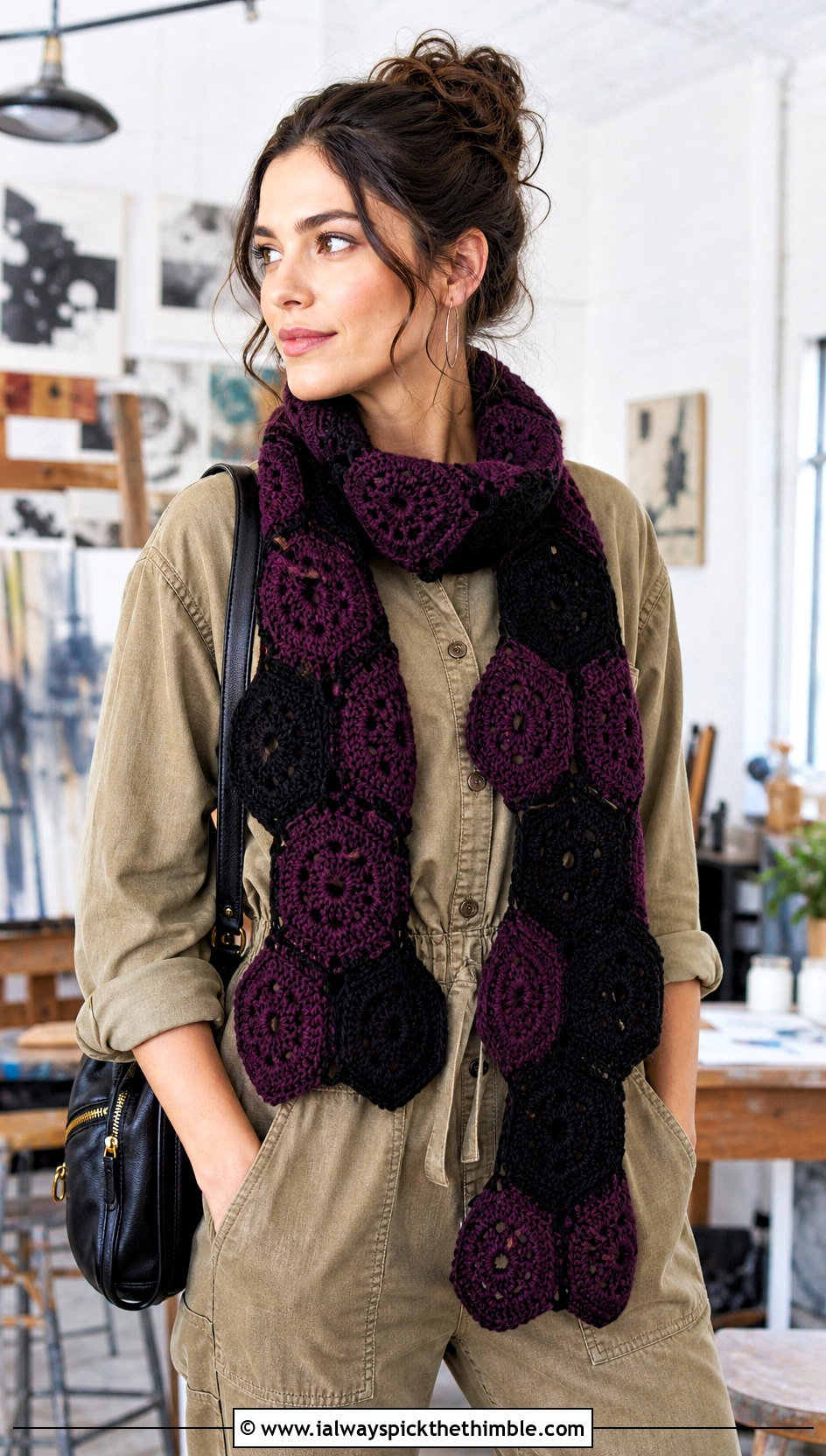 Hexagon Motif Wool Ease Crochet Scarf With Utility Jumpsuit - 15 wool ease crochet scarf outfit ideas