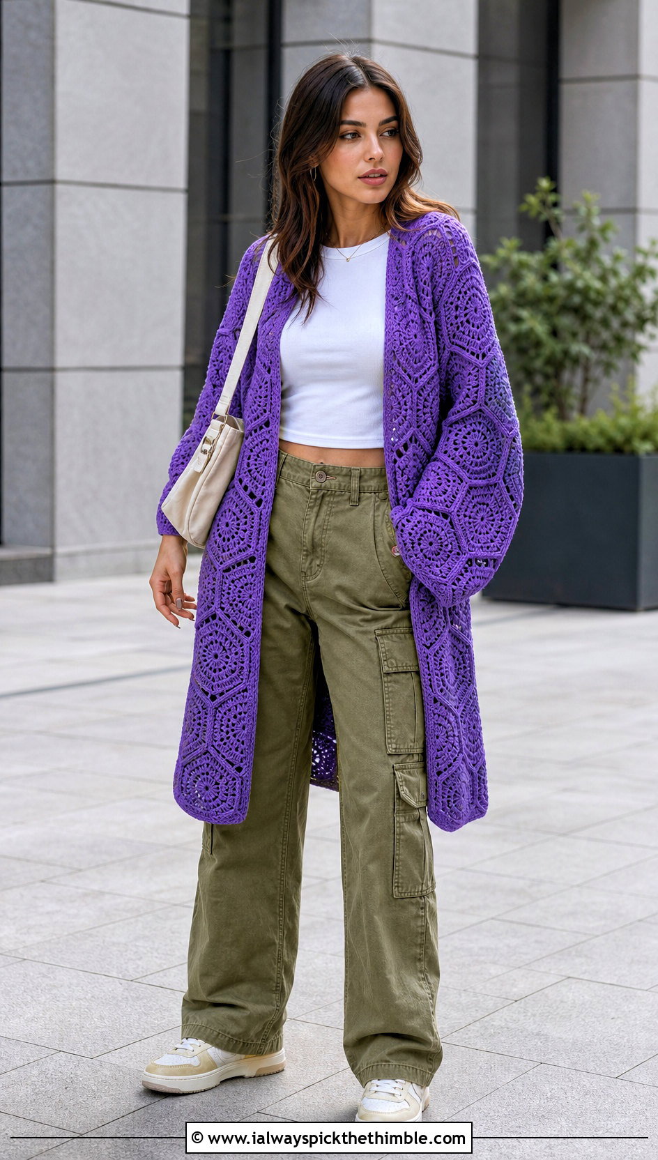 Hexagon One Piece Crochet Cardigan With Cargo Pants - 25 one piece crochet cardigan outfit ideas