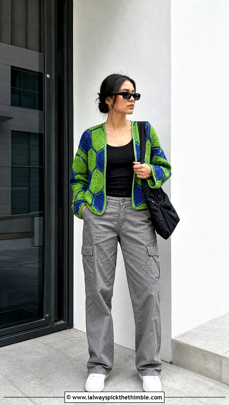 Hexagon Patchwork Cardigan With Cargo Pants - 20 crochet patch work cardigan outfit ideas