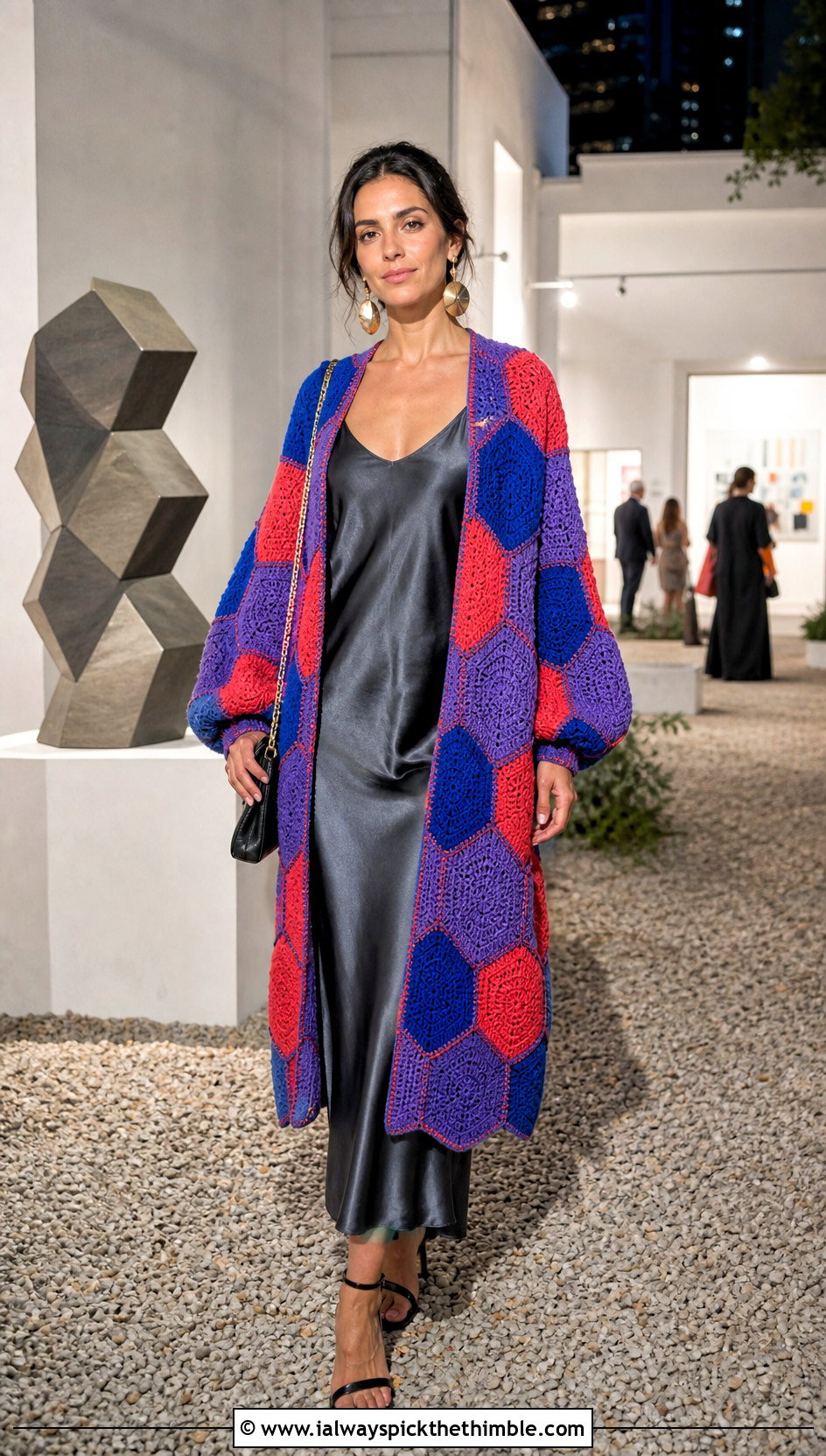 Hexagon Patchwork Crochet Cardigan Sweater With Slip Dress - 25 patchwork crochet sweater outfit ideas