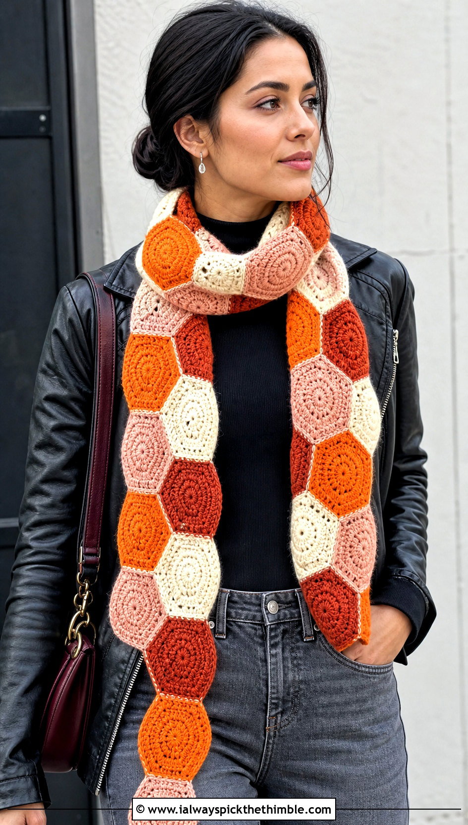 Hexagon Patchwork Crochet Scarf With Leather Jacket - 15 Patchwork Crochet Scarf outfit ideas