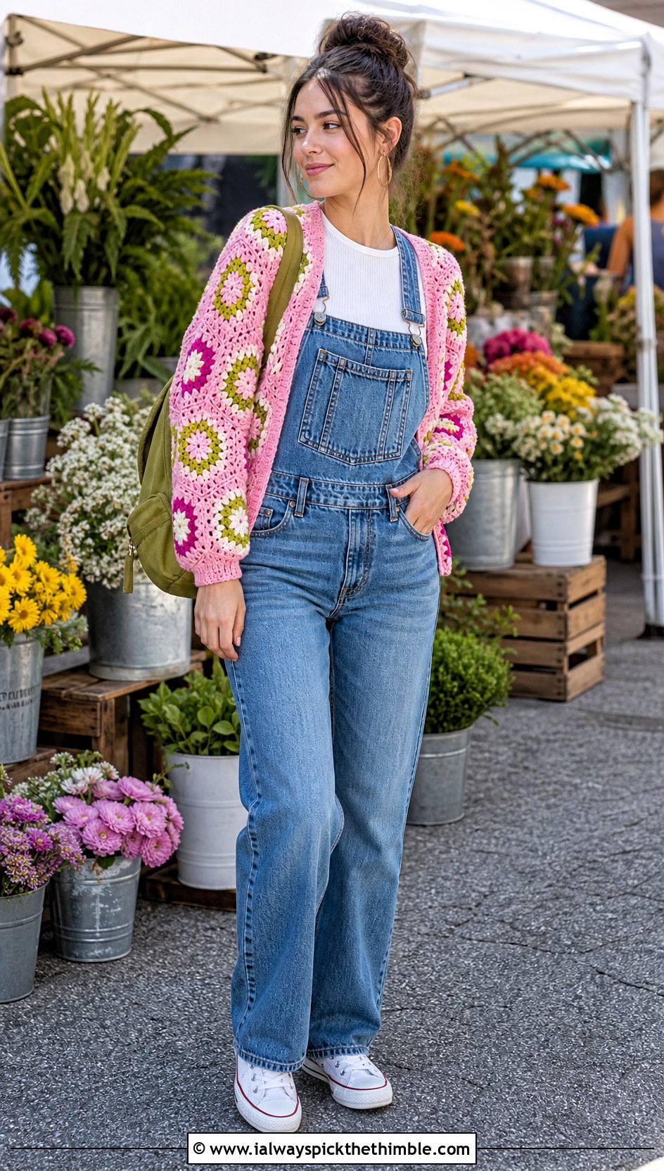 Hexagon Pink Granny Square Cardigan With Denim Overalls - 25 pink granny square cardigan outfit ideas