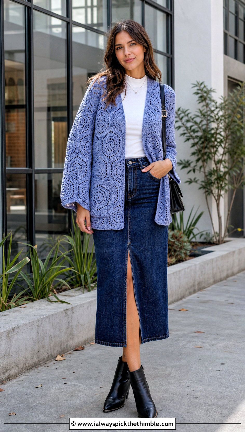Hexagon Pocket Crochet Cardigan With Denim Skirt - 25 crochet cardigan with pockets outfit ideas