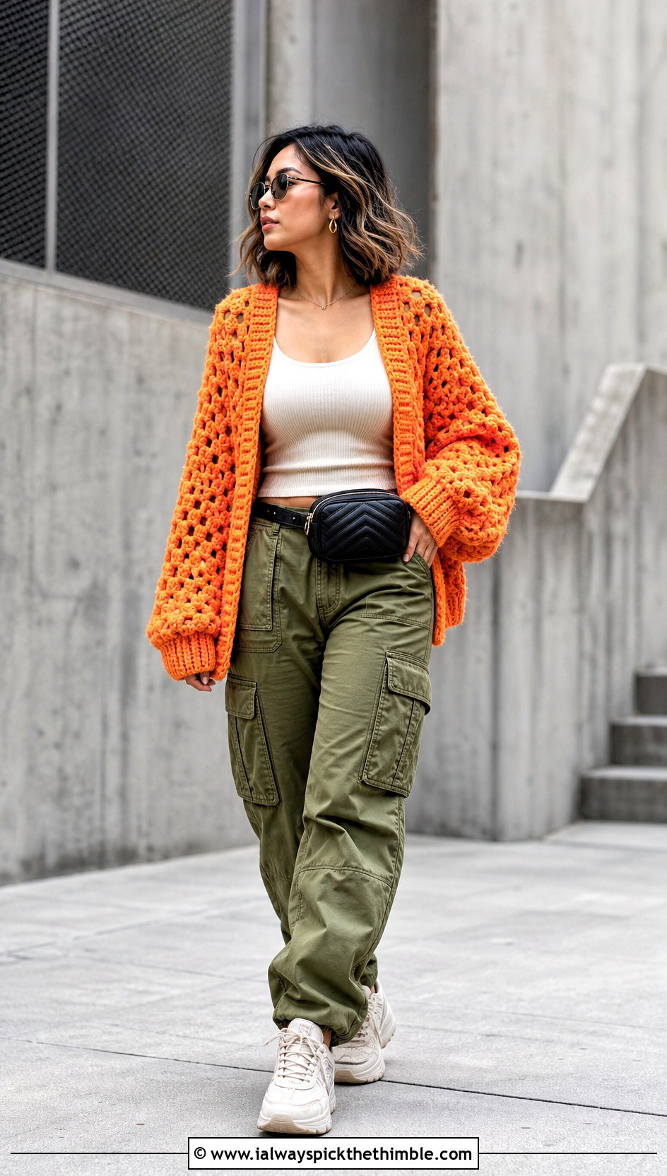 Hexagon Puffy Crochet Cardigan With Cargo Pants - 20 puffy crochet cardigan outfit ideas