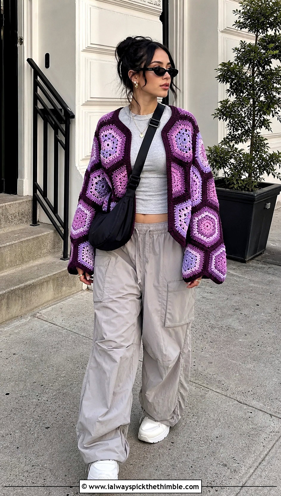 Hexagon Purple Crochet Cardigan With Cargo Pants - 15 purple crochet cardigan on hanger outfit ideas