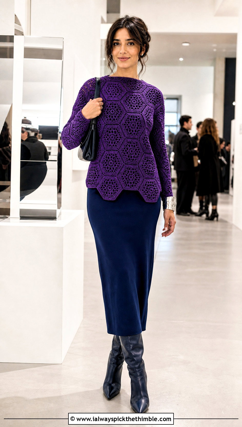 Hexagon Purple Crochet Sweater With Column Dress - 15 Purple Crochet Sweater outfit ideas