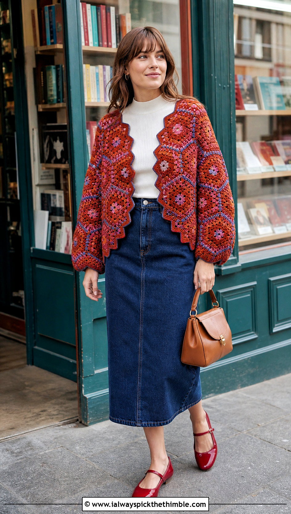 Hexagon Rust Crochet Cardigan With Denim Midi Skirt - 15 rust-colored crochet cardigan outfit ideas