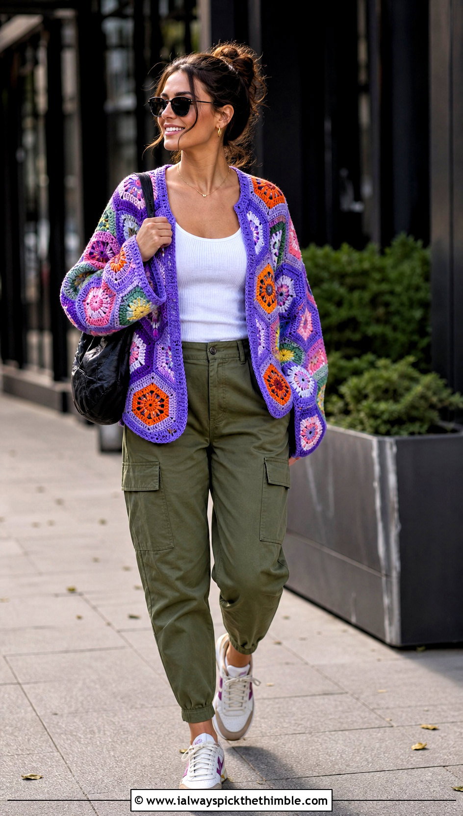 Hexagon Scrap Cardigan With Cargo Pants - 15 Crochet Scrap Cardigan outfit ideas