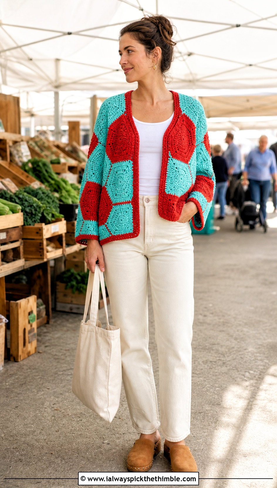 Hexagon Split Color Crochet Cardigan With Straight Jeans - 15 Split Color Crochet Cardigan outfit ideas