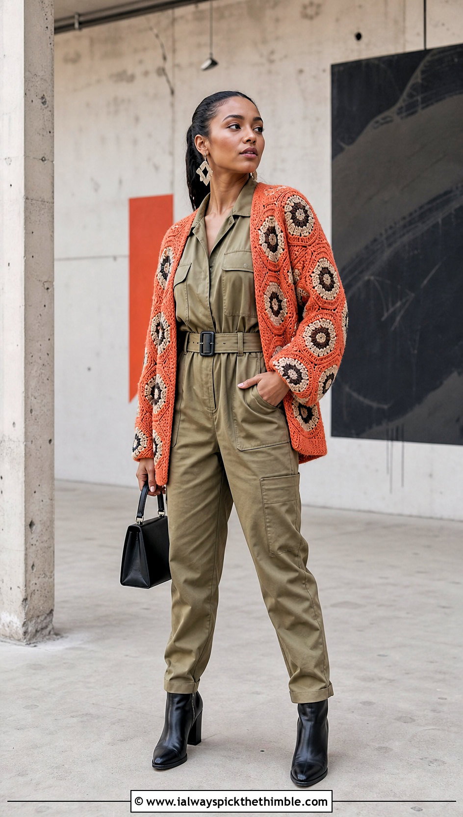 Hexagon Square Cardigan With Utility Jumpsuit - 20 crochet square cardigan outfit ideas
