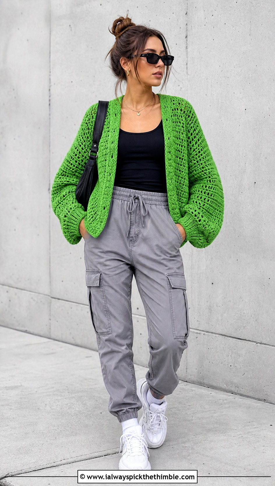 Hexagon Worsted Weight Crochet Cardigan With Cargo Pants - 20 Worsted Weight Crochet Cardigan outfit ideas