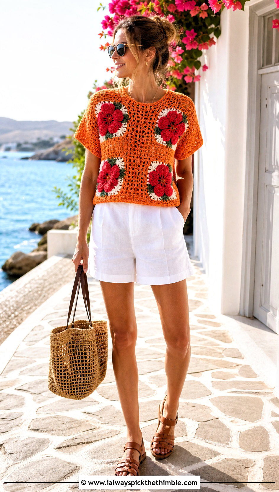 Hibiscus Flower Granny Square Sweater With Linen Shorts - 20 flower granny square sweater outfit ideas