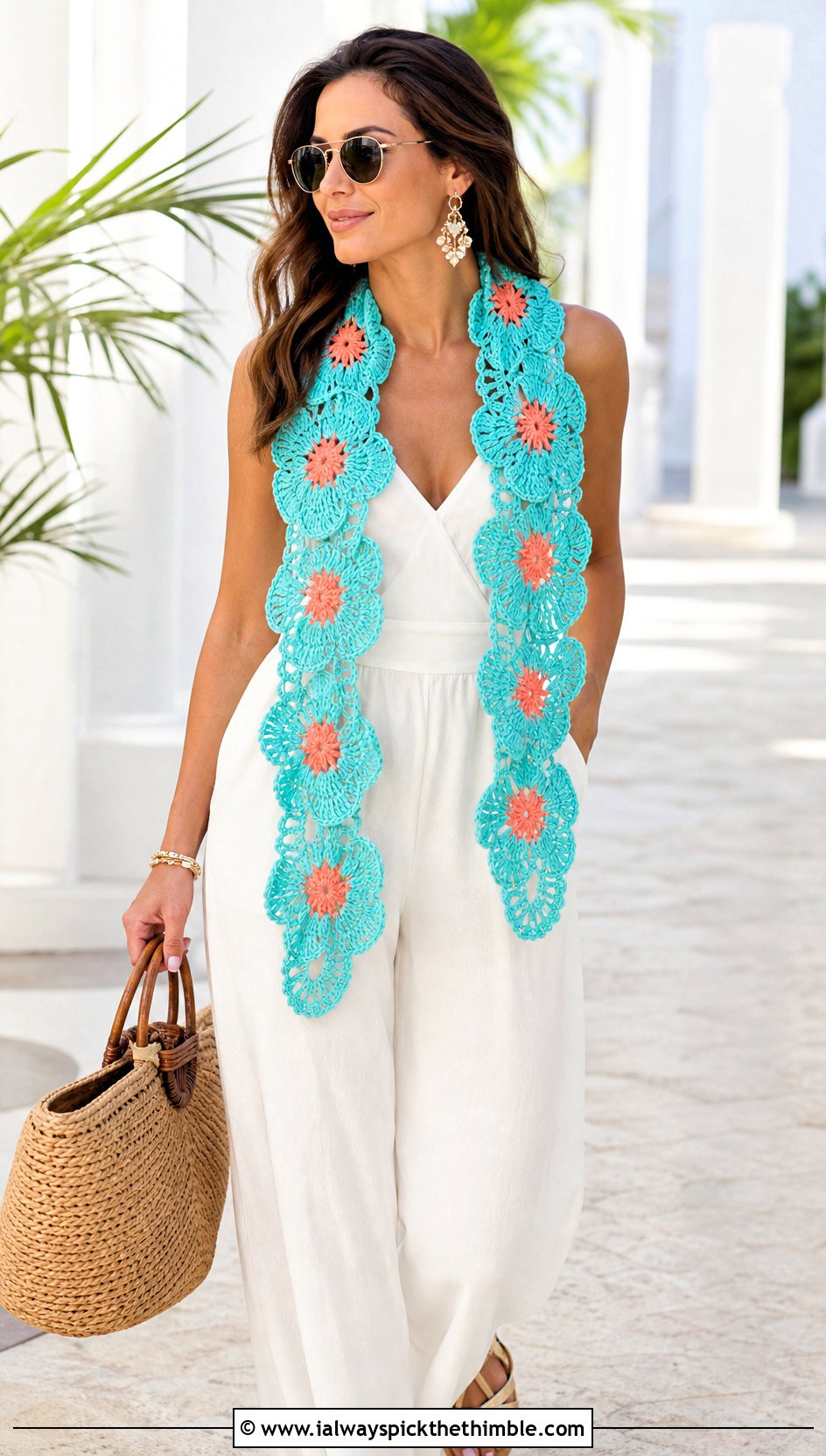 Hibiscus Garland Crochet Scarf With Jumpsuit And Sandals - 25 crochet flower scarf outfit ideas