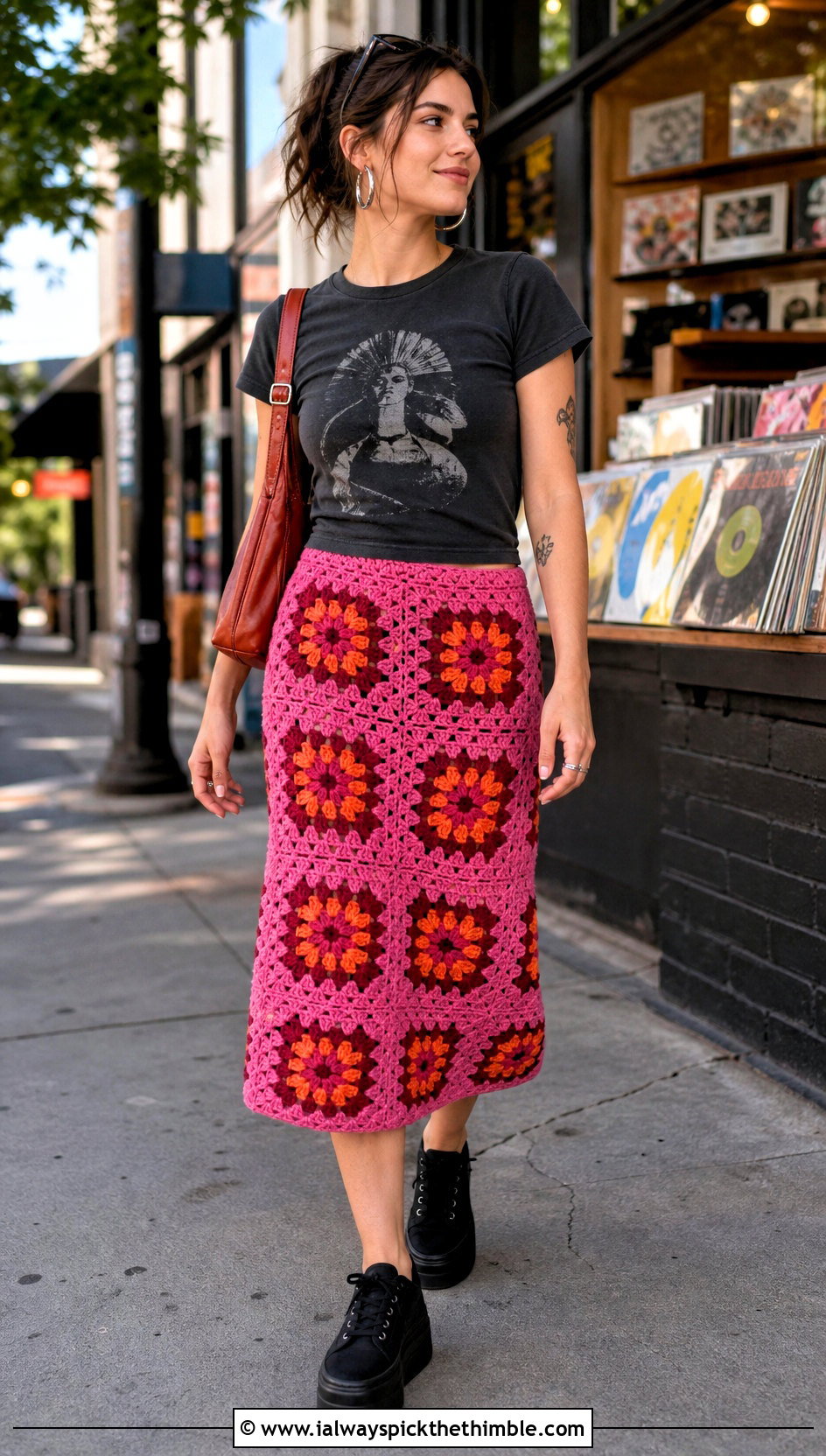 Hibiscus Pink Granny Square Midi Skirt With Graphic T Shirt - 25 pink crochet outfit ideas