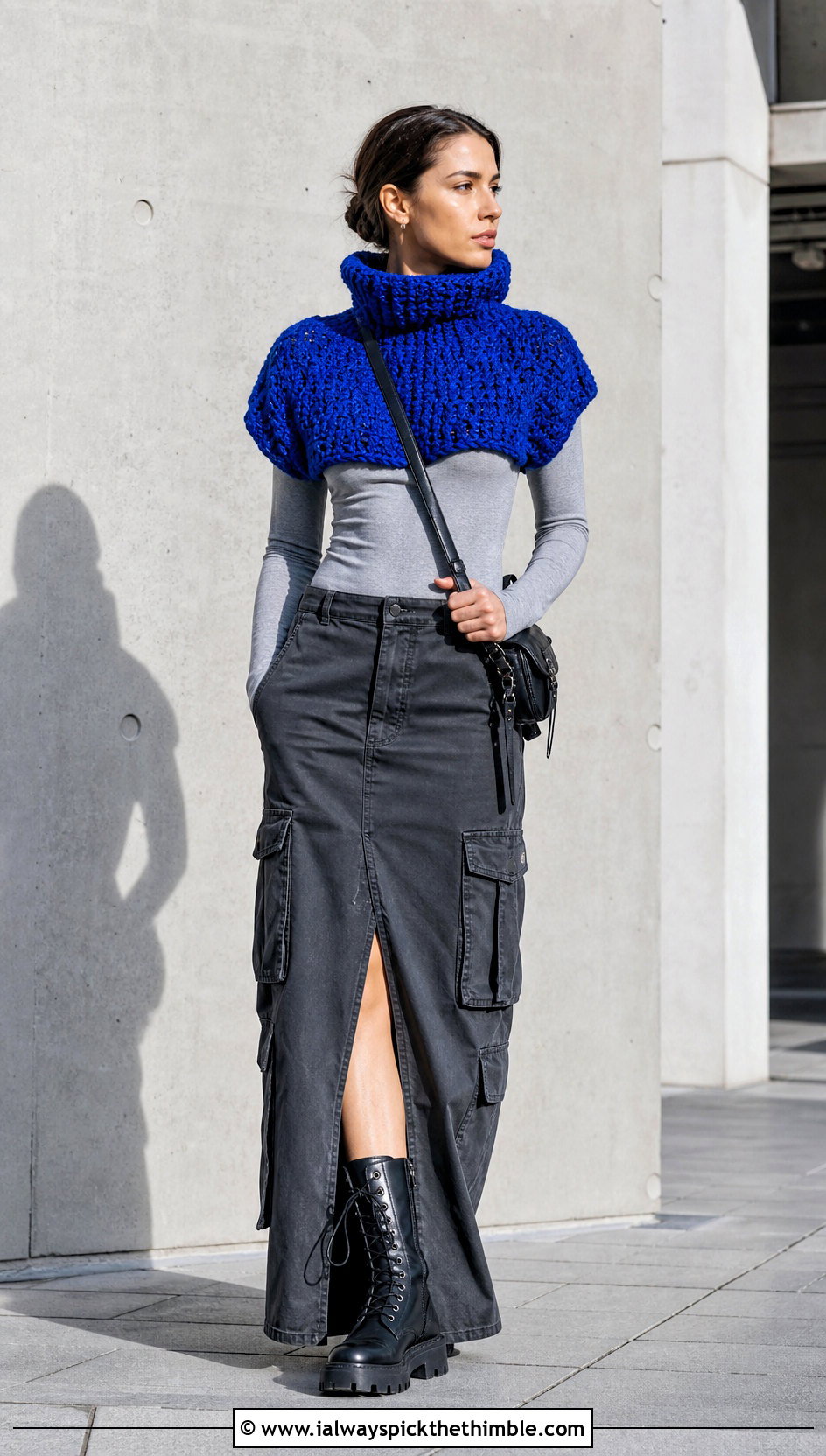 High Collar Chunky Crochet Shrug With Cargo Maxi Skirt - 20 Chunky Crochet Shrug outfit ideas