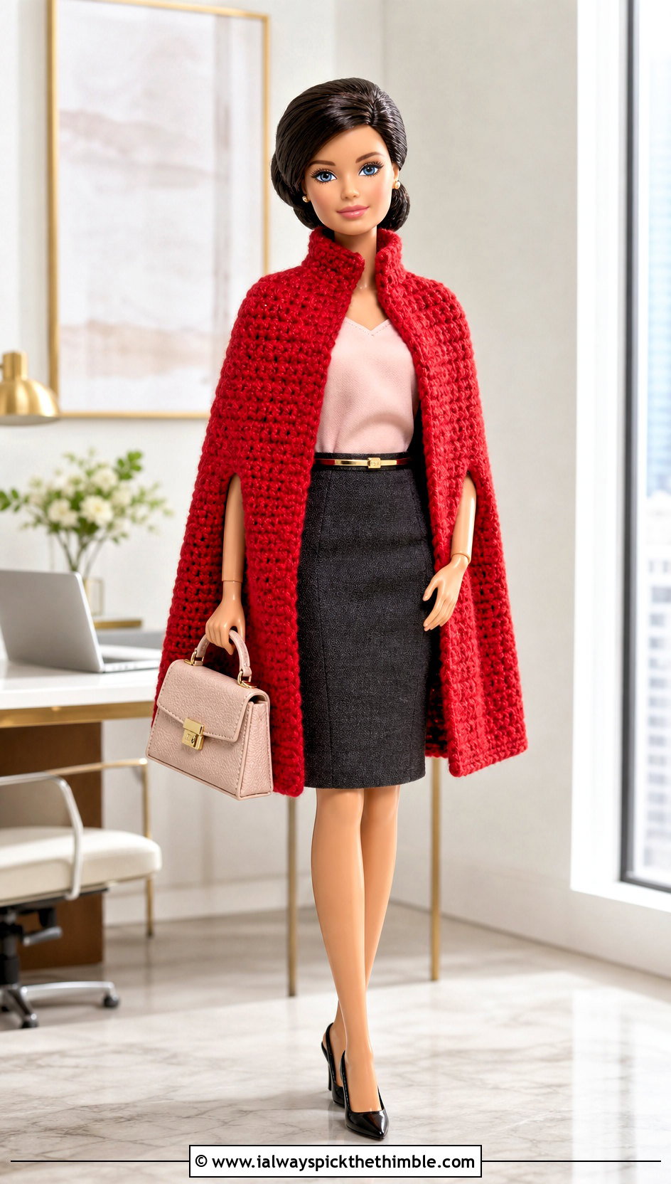 High Collar Crochet Doll Cape With Pencil Skirt - 20 Crochet Doll Cape outfit ideas