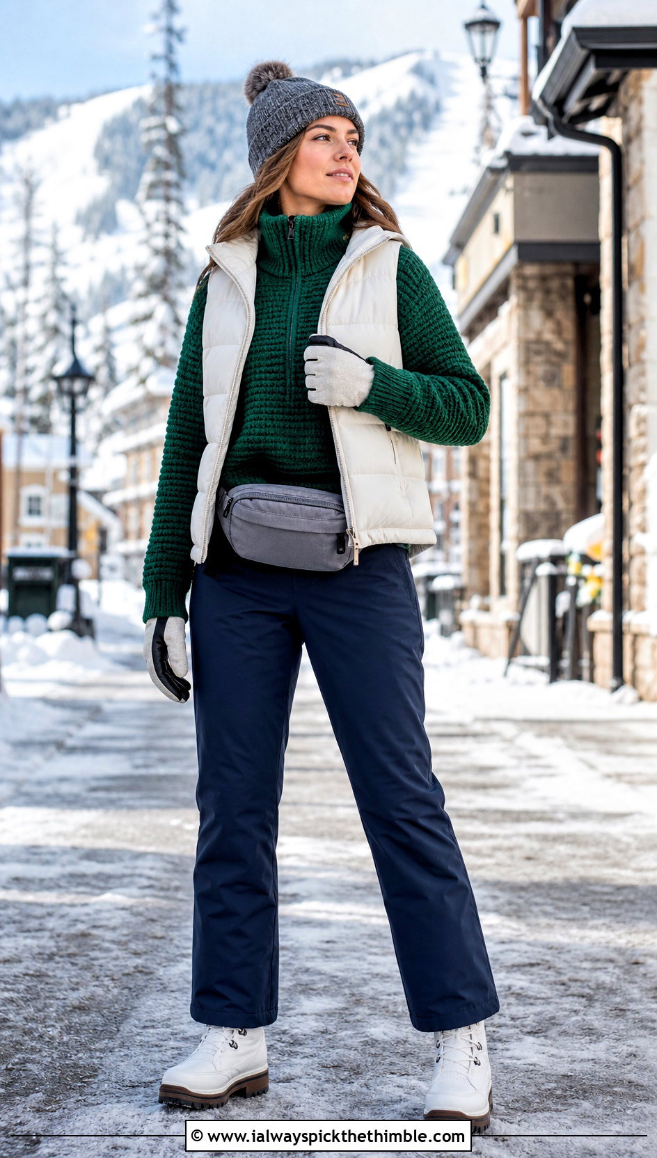 High Collar Crochet Quarter Zip Sweater With Puffer Vest And Snow Pants - 20 crochet quarter zip sweater outfit ideas