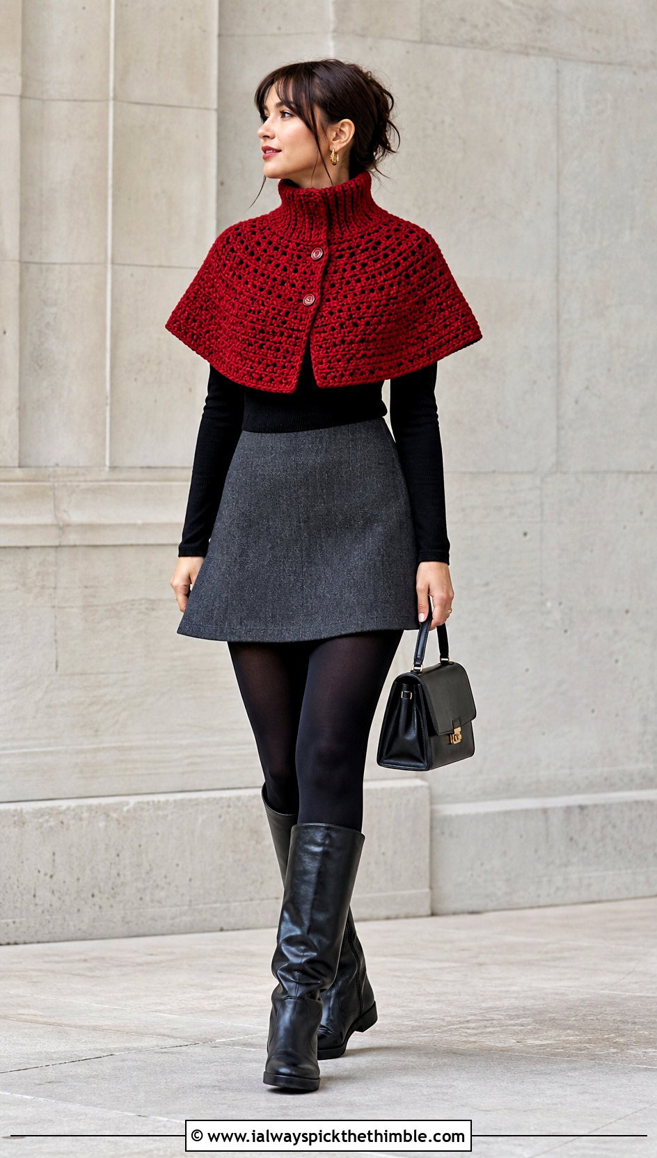 High Collar Crocheted Capelet With Mini Skirt And Boots - 20 Crocheted Capelet outfit ideas