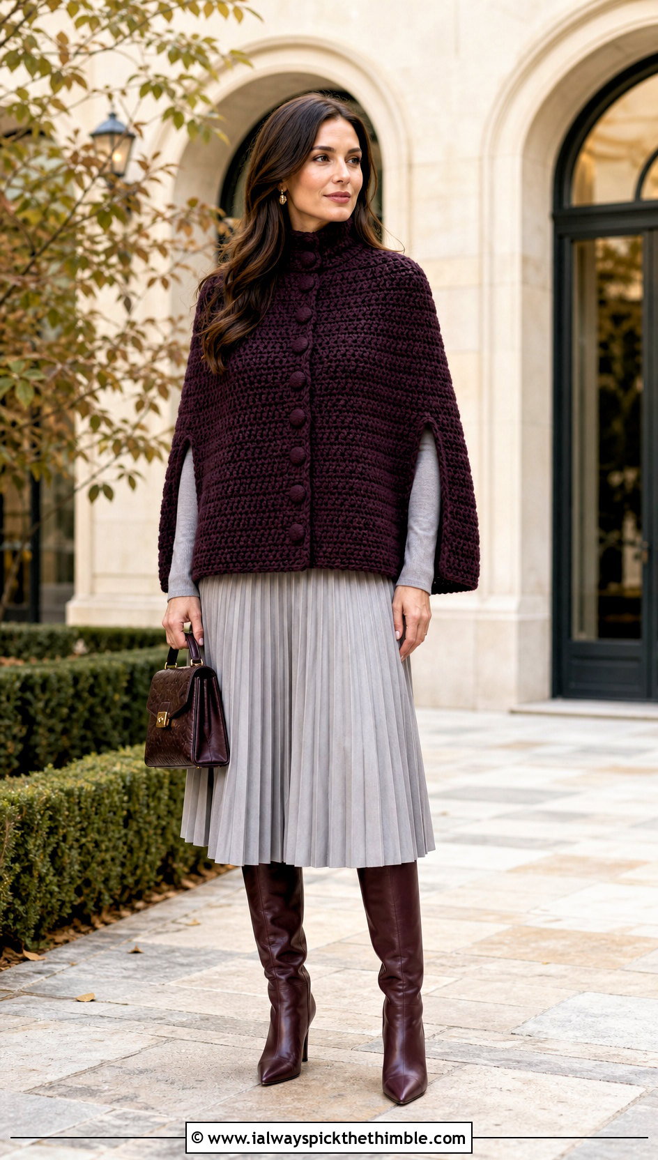 High Collar DIY Crochet Cape With Pleated Midi Skirt - 15 diy crochet cape outfit ideas