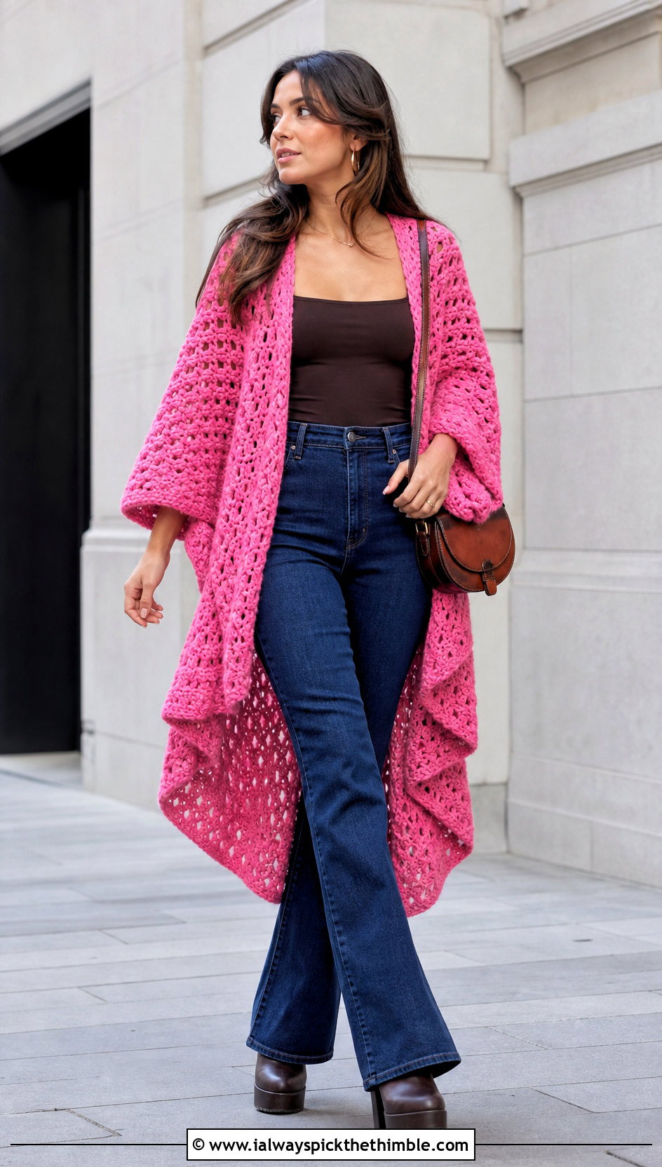 High Low Chunky Crochet Poncho With Flare Jeans - 20 Chunky Crochet Poncho outfit ideas