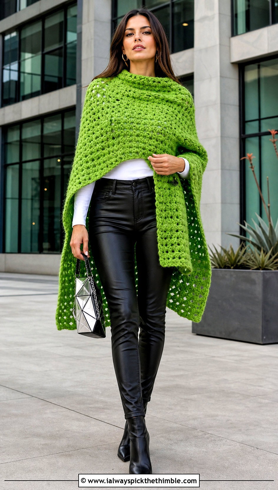 High Low Chunky Yarn Crochet Poncho With Faux Leather Pants - 20 Chunky Yarn Crochet Poncho outfit ideas