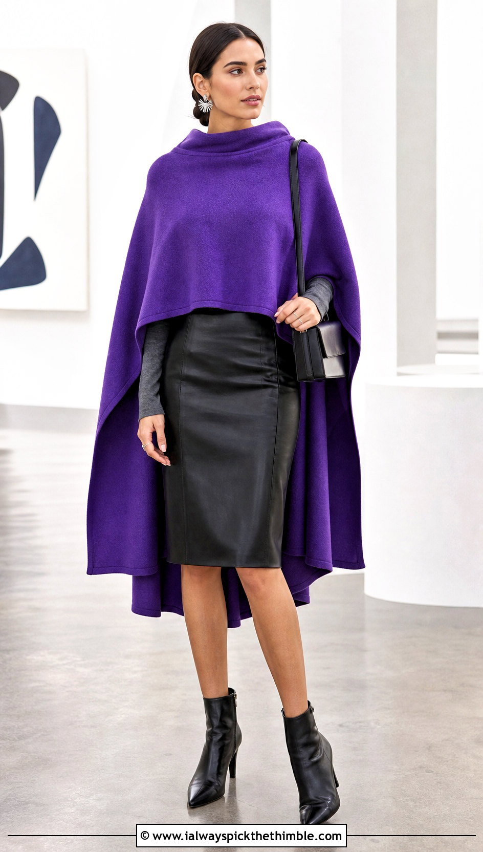 High Low Circle Poncho With Leather Pencil Skirt - 20 Crochet Circle Poncho outfit ideas
