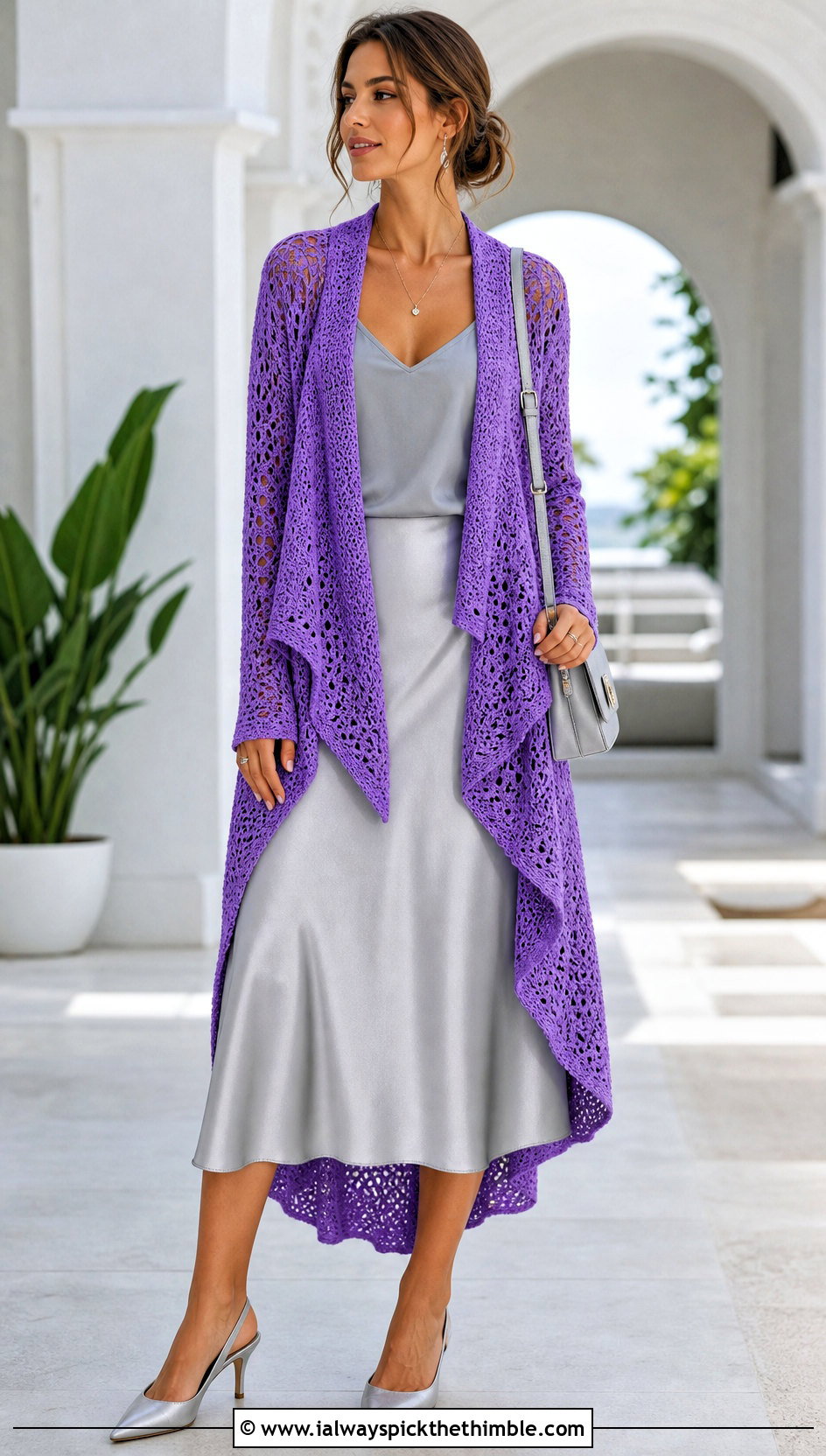 High Low Crochet Asymmetrical Cardigan With Satin Midi Skirt - 20 crochet asymmetrical cardigan outfit ideas