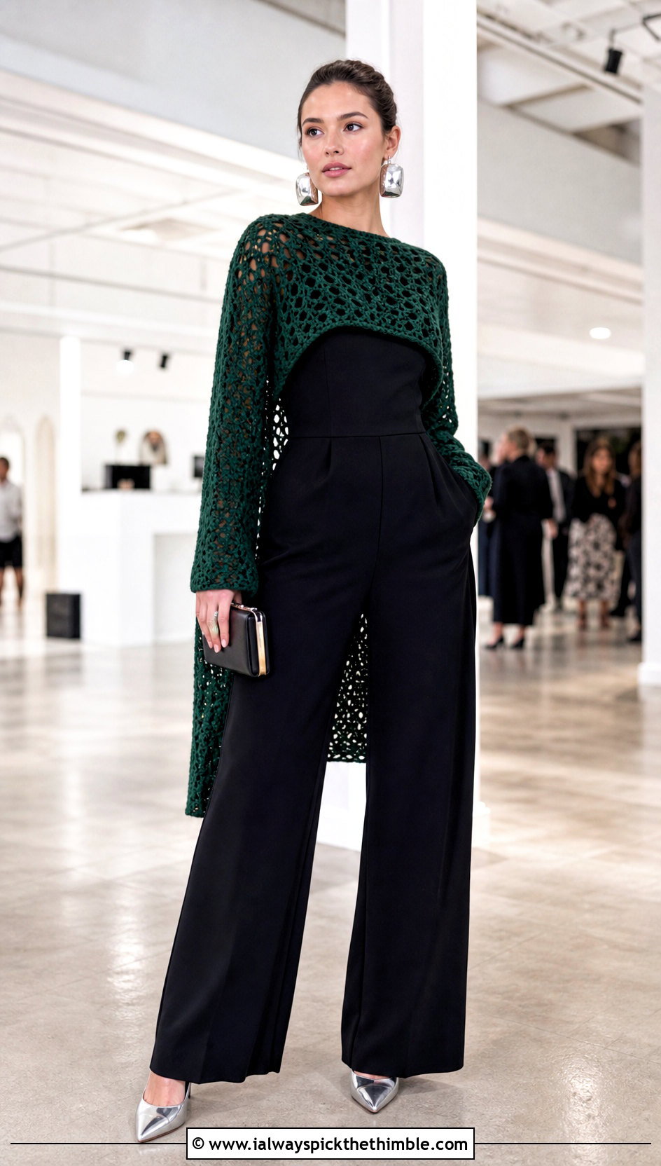 High Low Crochet Bodyless Sweater With Tailored Jumpsuit - 15 Crochet Super Cropped Sweater outfit ideas