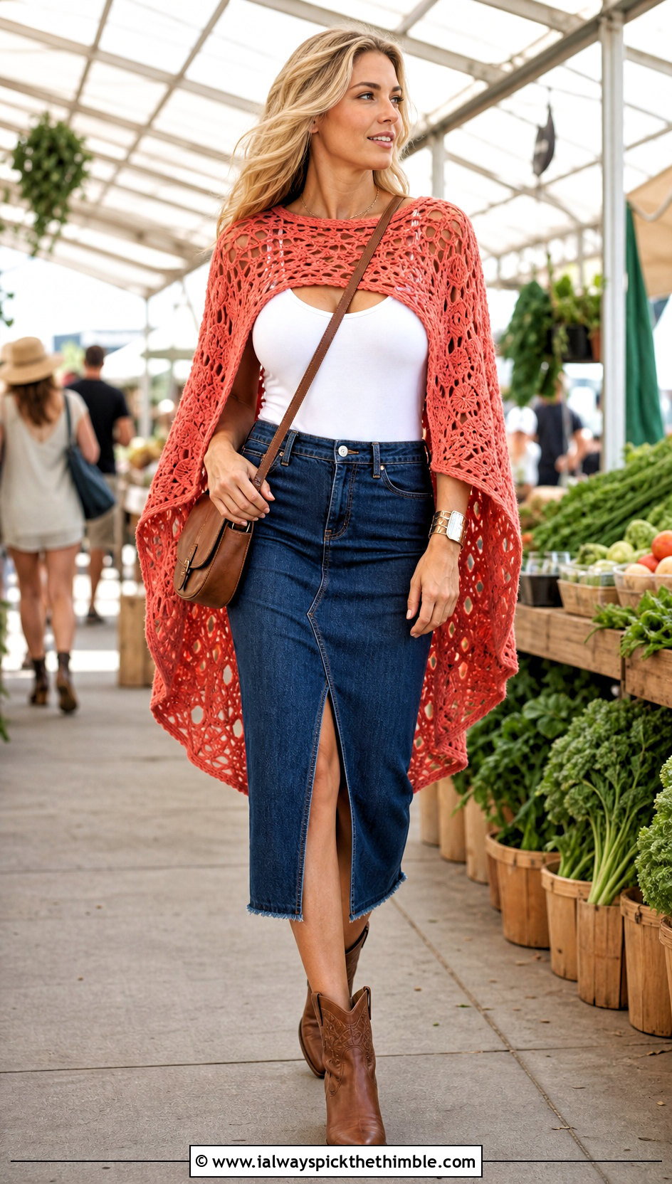 High Low Crochet Boho Poncho With Denim Skirt - 20 crochet boho poncho outfit ideas