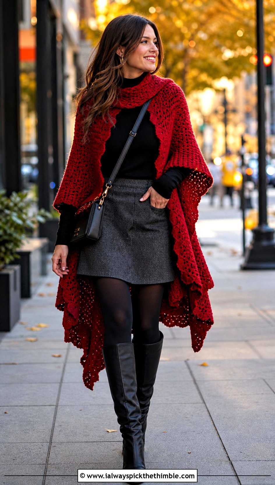 High Low Crochet Caplet Shawl With Mini Skirt And Tall Boots - 20 crochet caplet shawl outfit ideas