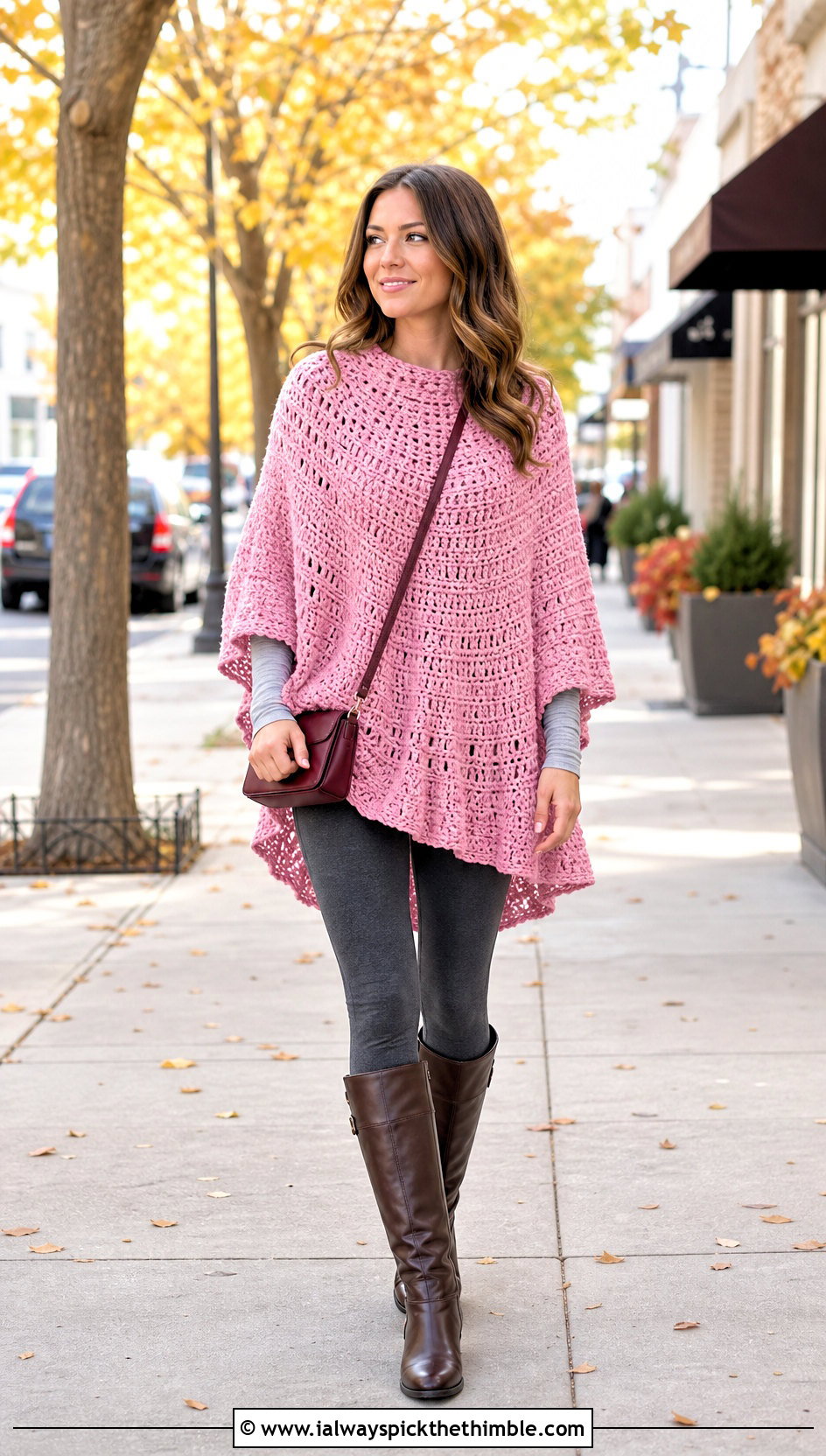 High Low Crochet Circular Poncho With Leggings And Riding Boots - 20 Crochet Circular Poncho outfit ideas