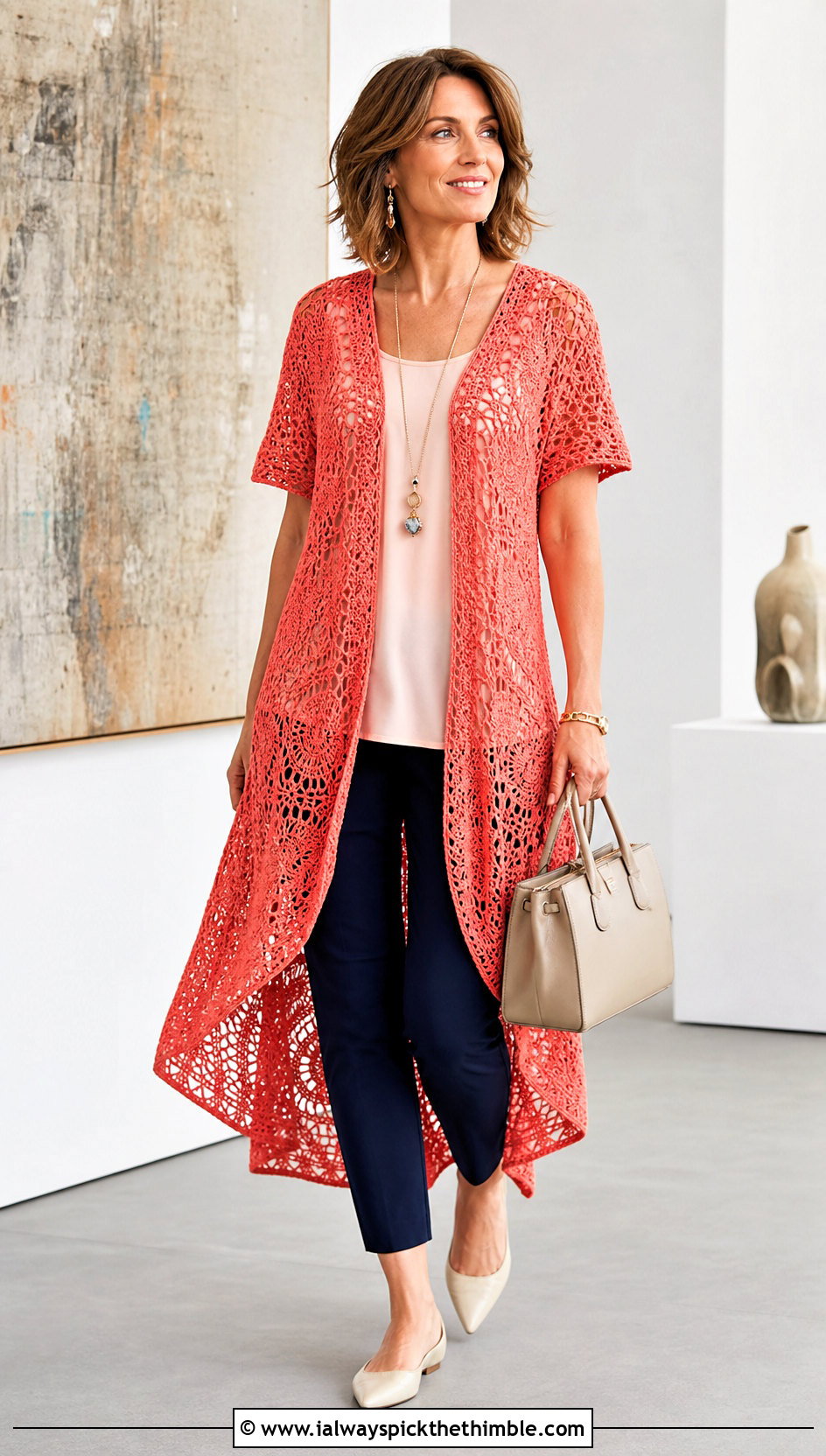 High Low Crochet Cover Up Tunic With Slim Pants - 25 crochet cover up top outfit ideas