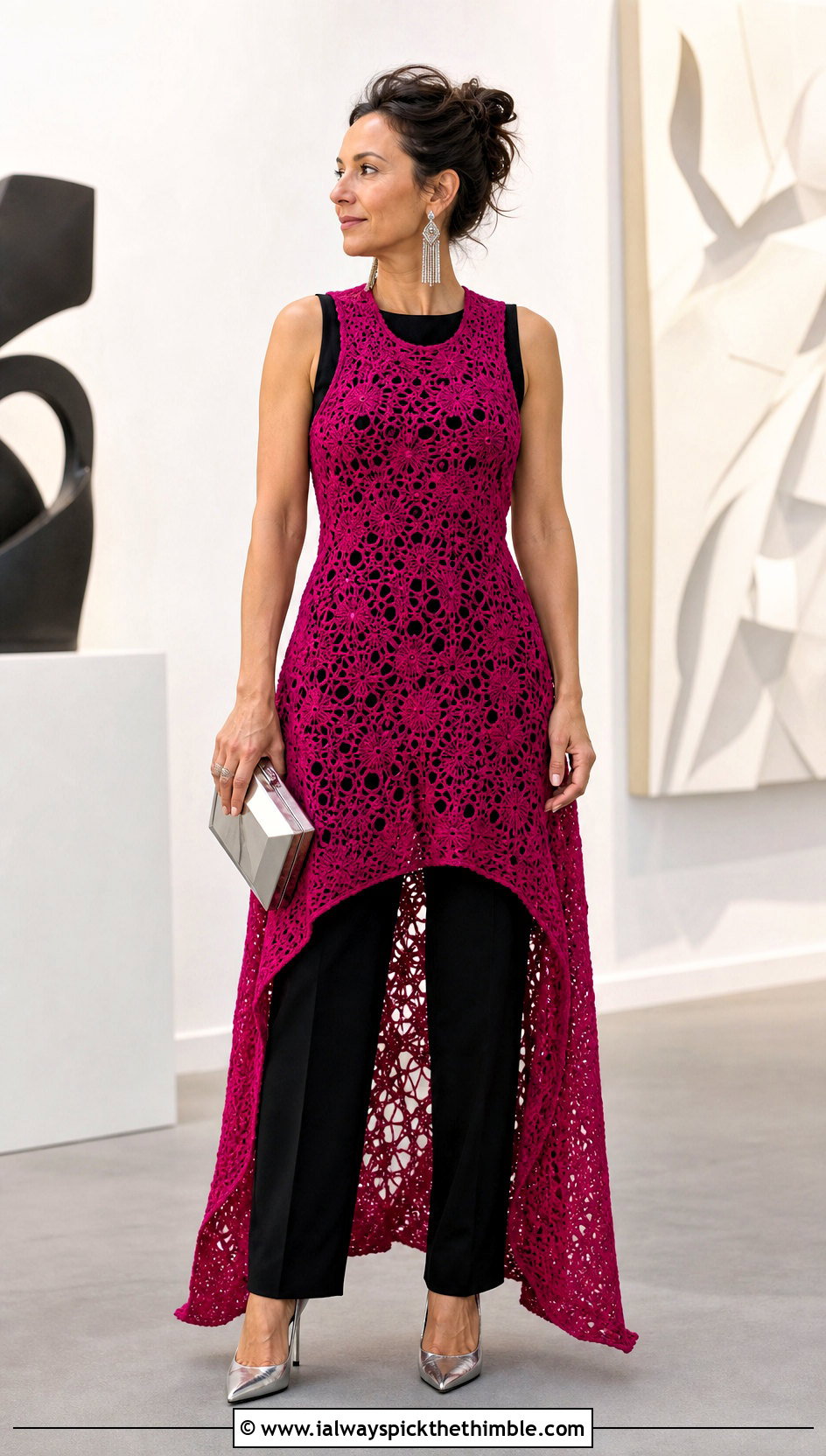 High Low Crochet Dress With Tailored Trousers - 15 Diy Crochet Dress Ideas