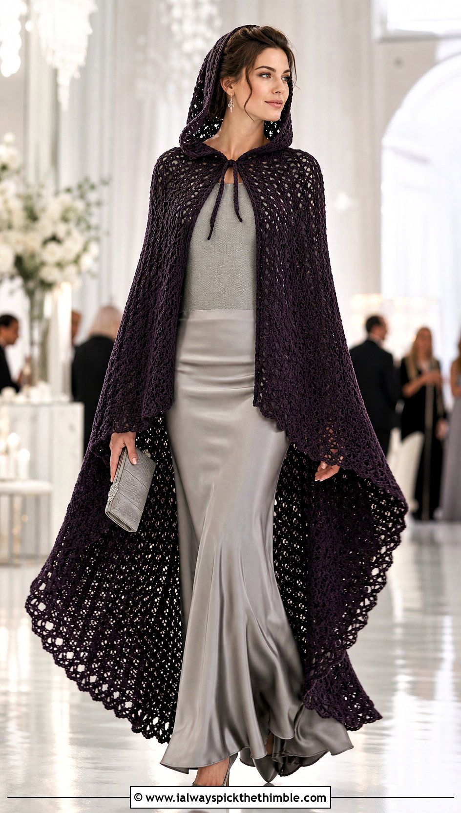 High Low Crochet Hooded Cape With Satin Maxi Skirt - 25 crochet hooded cape outfit ideas