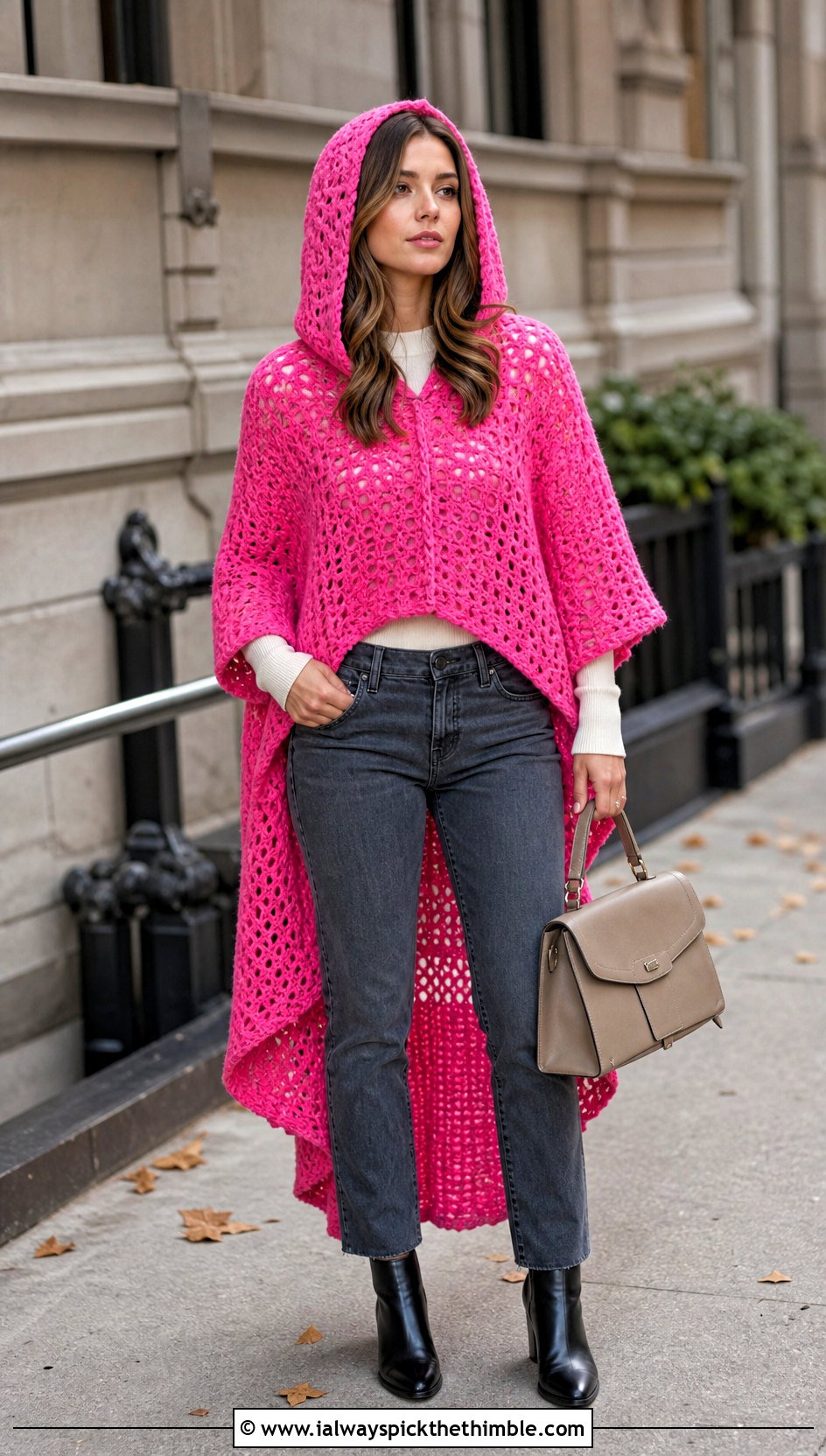 High Low Crochet Hooded Poncho With Slim Jeans - 25 Crochet Hooded Poncho outfit ideas