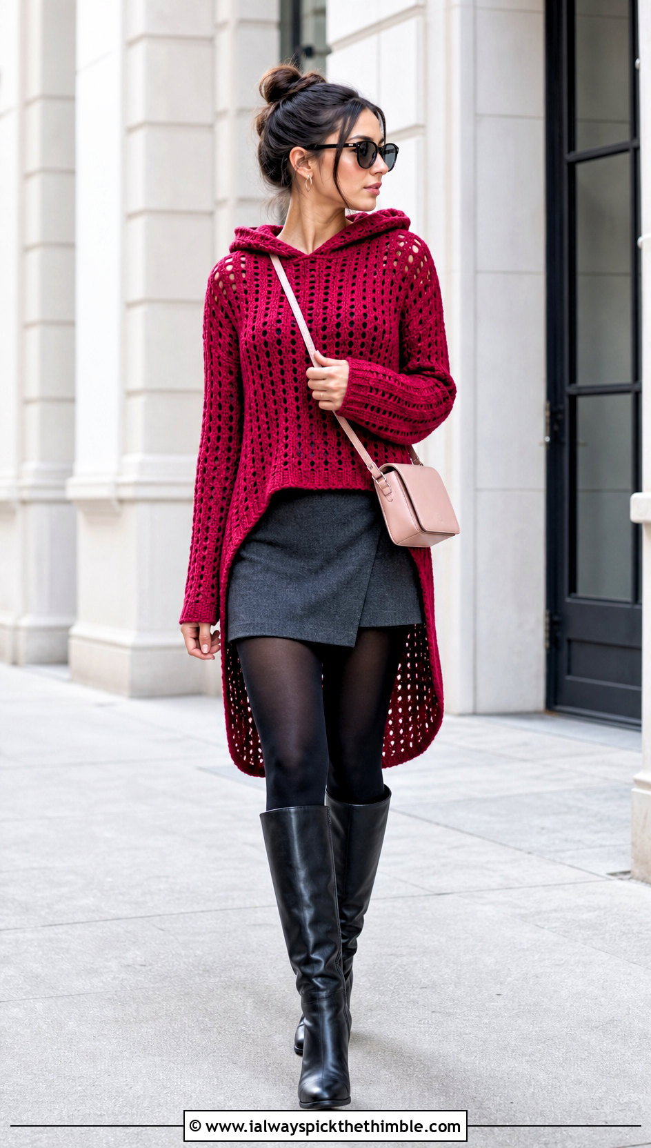 High Low Crochet Hooded Sweater With Mini Skirt - 20 crochet hooded sweater outfit ideas