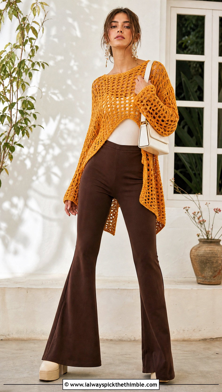 High Low Crochet Mesh Sweater With Flared Pants - 25 crochet mesh sweater outfit ideas