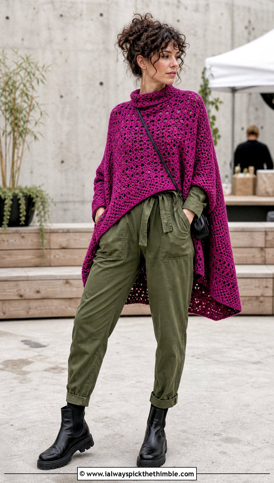High Low Crochet Poncho Sweater With Utility Jumpsuit - 25 crochet poncho sweater outfit ideas