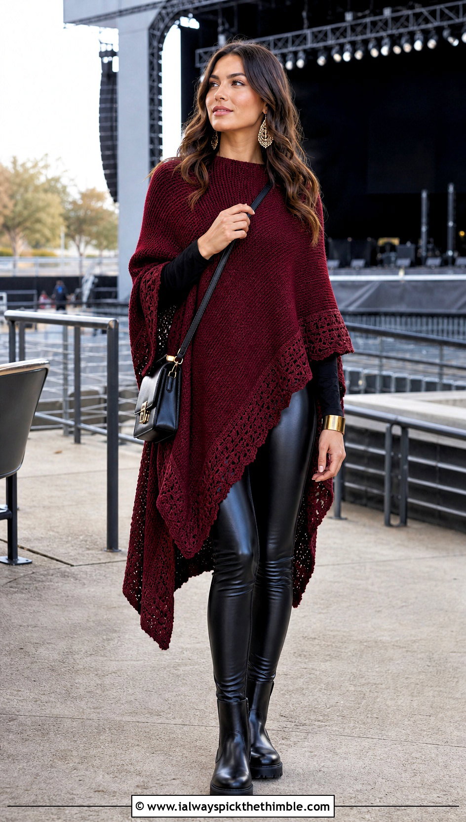High Low Crochet Poncho With Faux Leather Leggings - 20 Crochet Fall Poncho outfit ideas