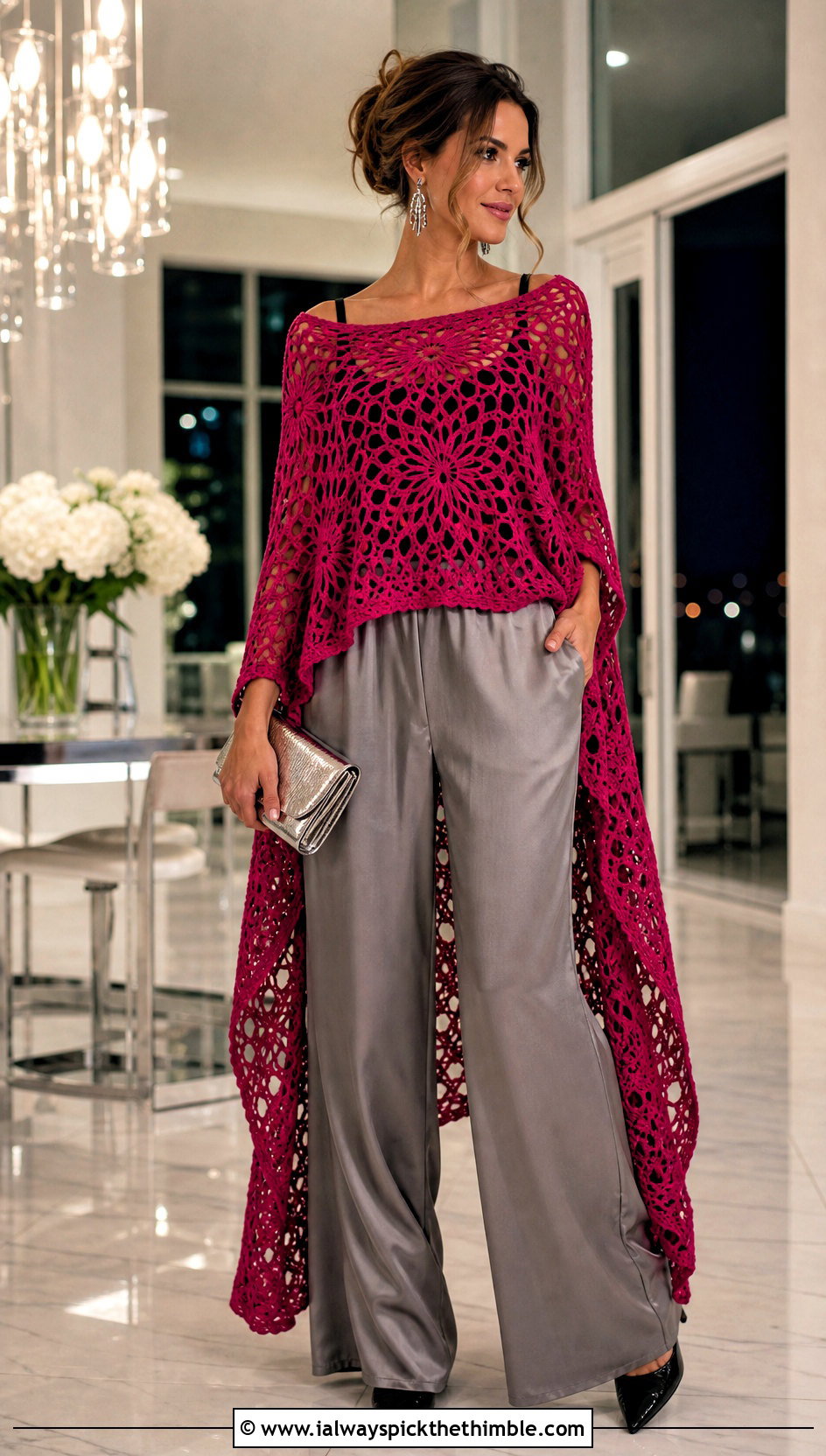 High Low Crochet Poncho With Satin Pants - 25 crochet ponchos outfit ideas