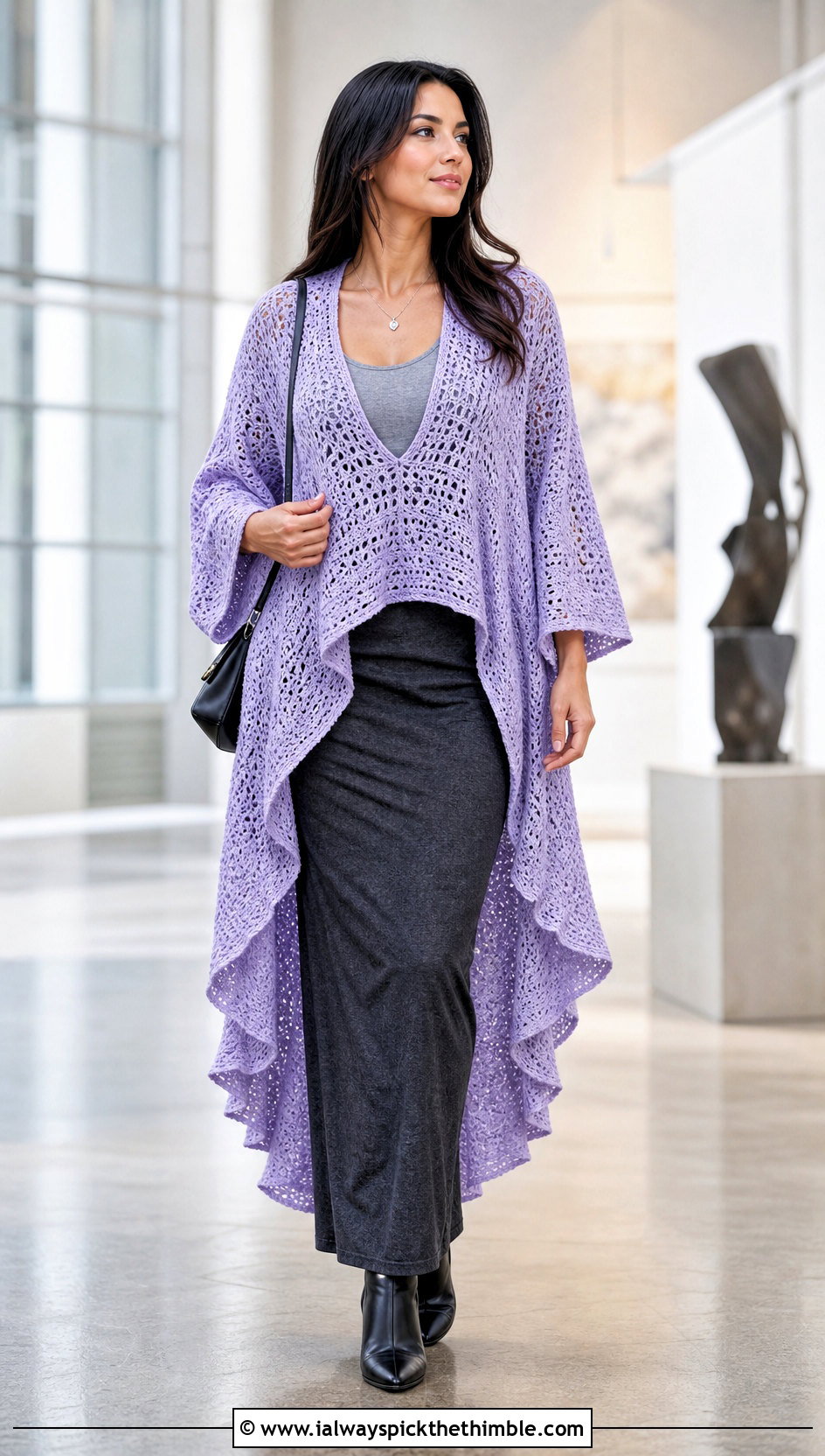 High Low Crochet Poncho With Sleeves And Maxi Skirt - 20 crochet poncho with sleeves outfit ideas