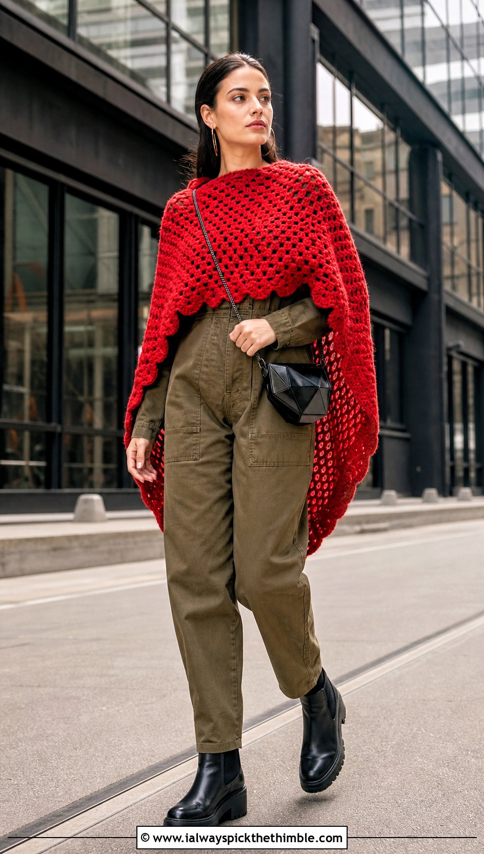 High Low Crochet Poncho With Utility Jumpsuit - 20 crochet poncho for women outfit ideas