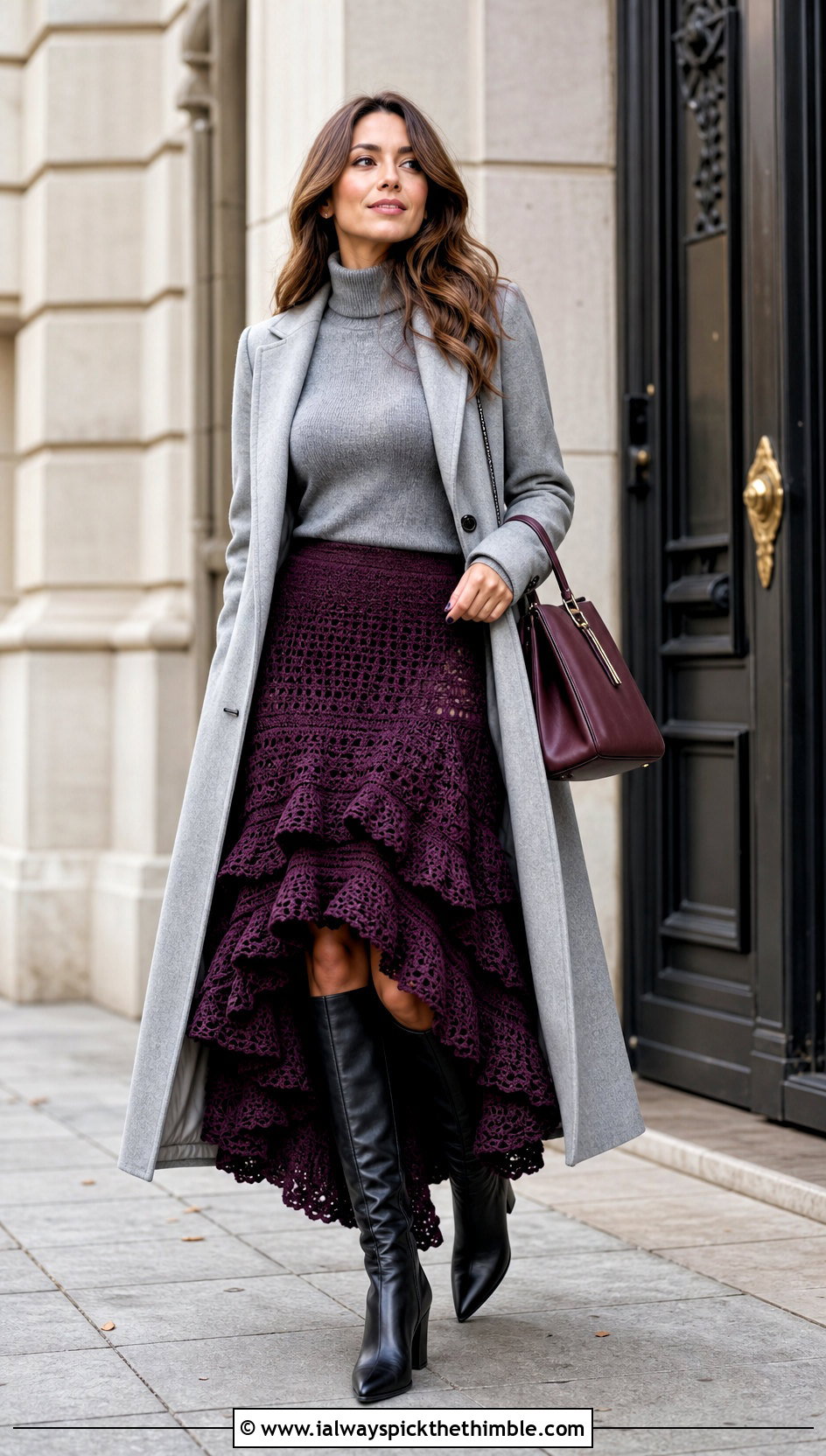 High Low Crochet Ruffle Skirt With Fitted Knit Top - 25 crochet ruffle skirt outfit ideas