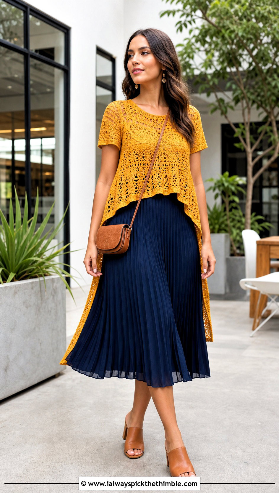High Low Crochet Top With Pleated Midi Skirt - 25 crochet asymmetrical top outfit ideas
