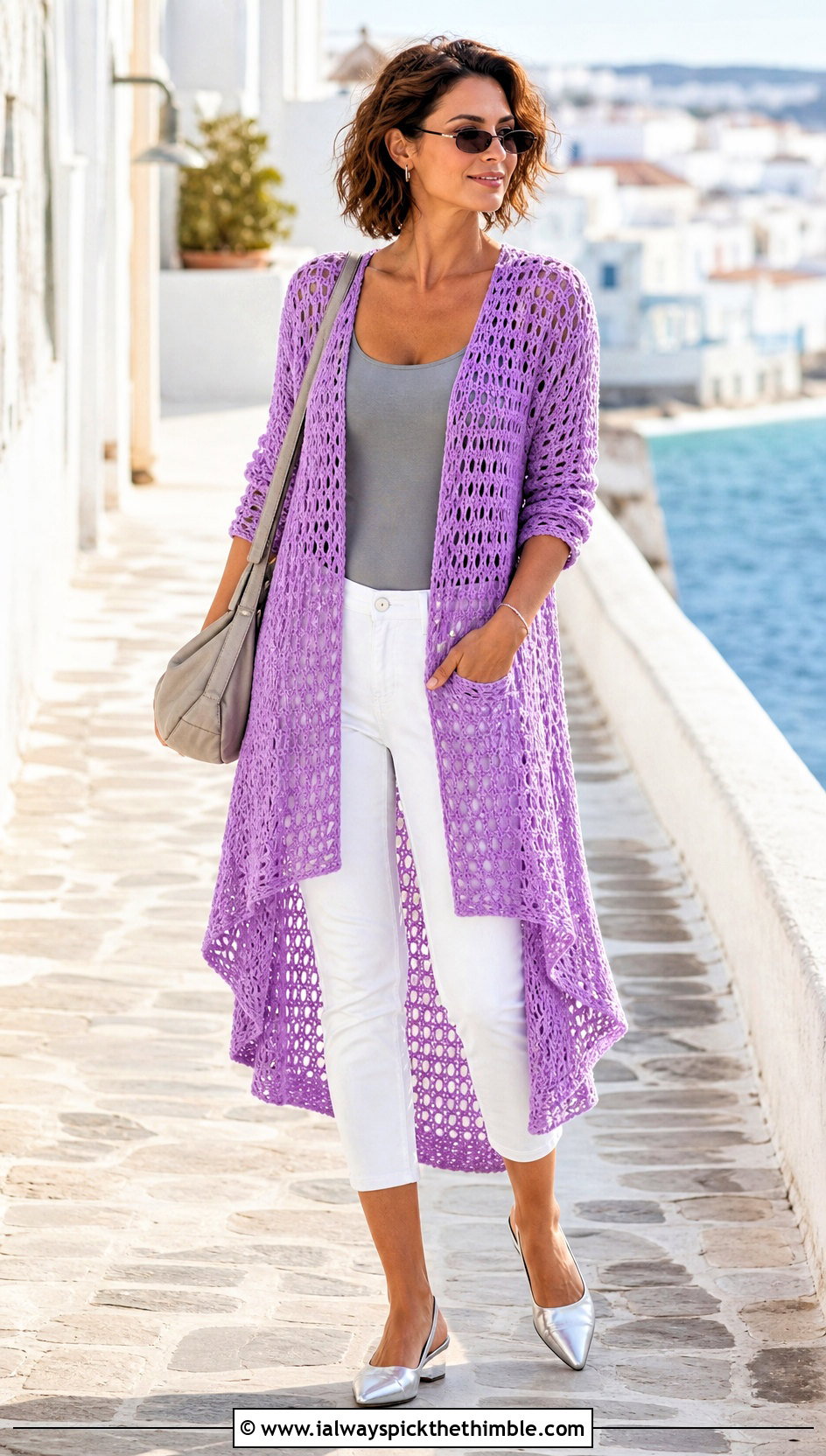 High Low Crochet Tunic Cover Up With Capri Pants - 20 Crochet Summer Beach Cover Up outfit ideas